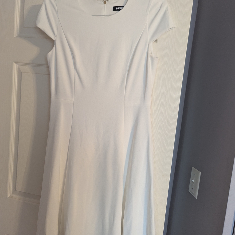 DKNY White Cap Sleeve A-Line Midi Dress
